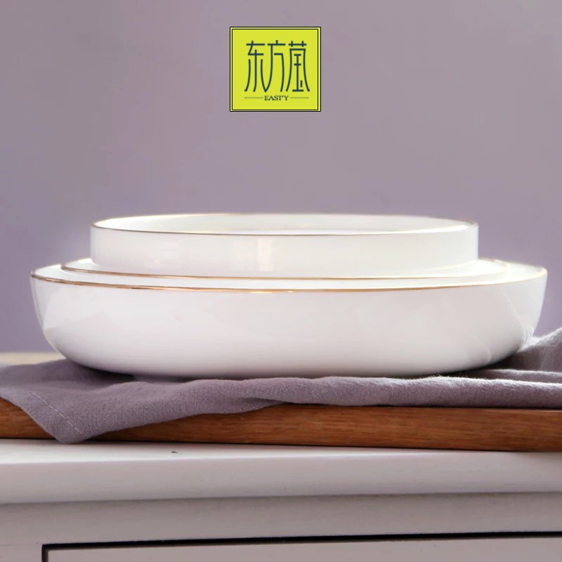 Ceramic dinner plates, tableware gifts, bone China plates, household vegetable plates, soup plates, knife and fork plates, salad plates, fruit plates, hotel-specific solid-color plates, white porcelain with gold plating detail image 4