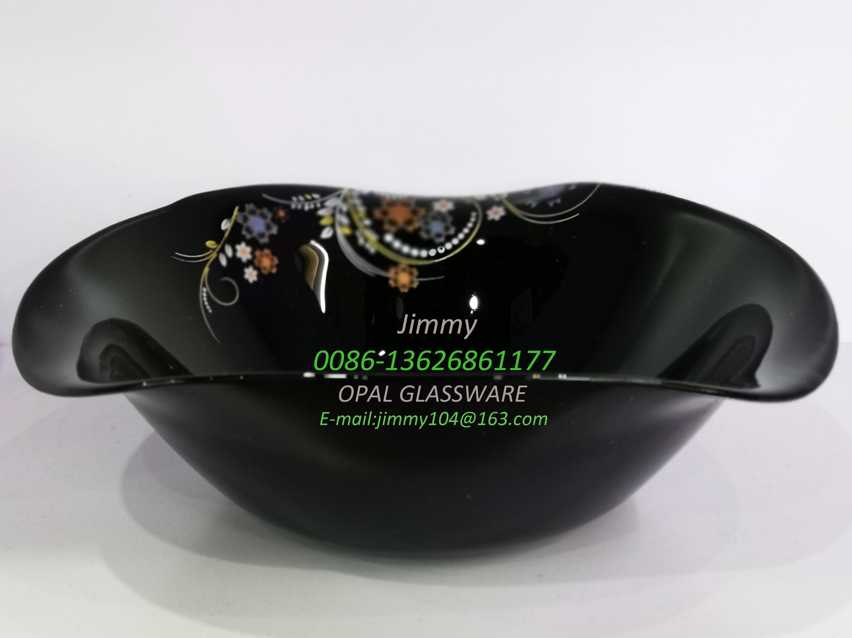 黑色玻璃碗黑色原料6寸贴花款 flower design 6' bowl-black opal详情图2