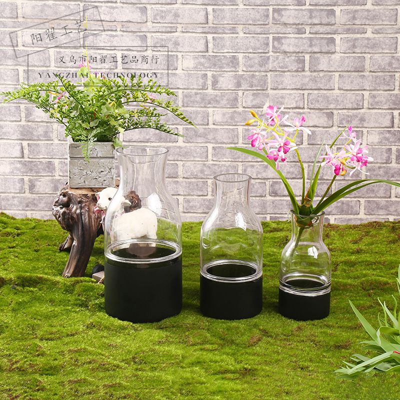 Transparent narrow mouth black glass vase simple straight cylinder flower arranger living room table tabletop decoration vase wholesale
