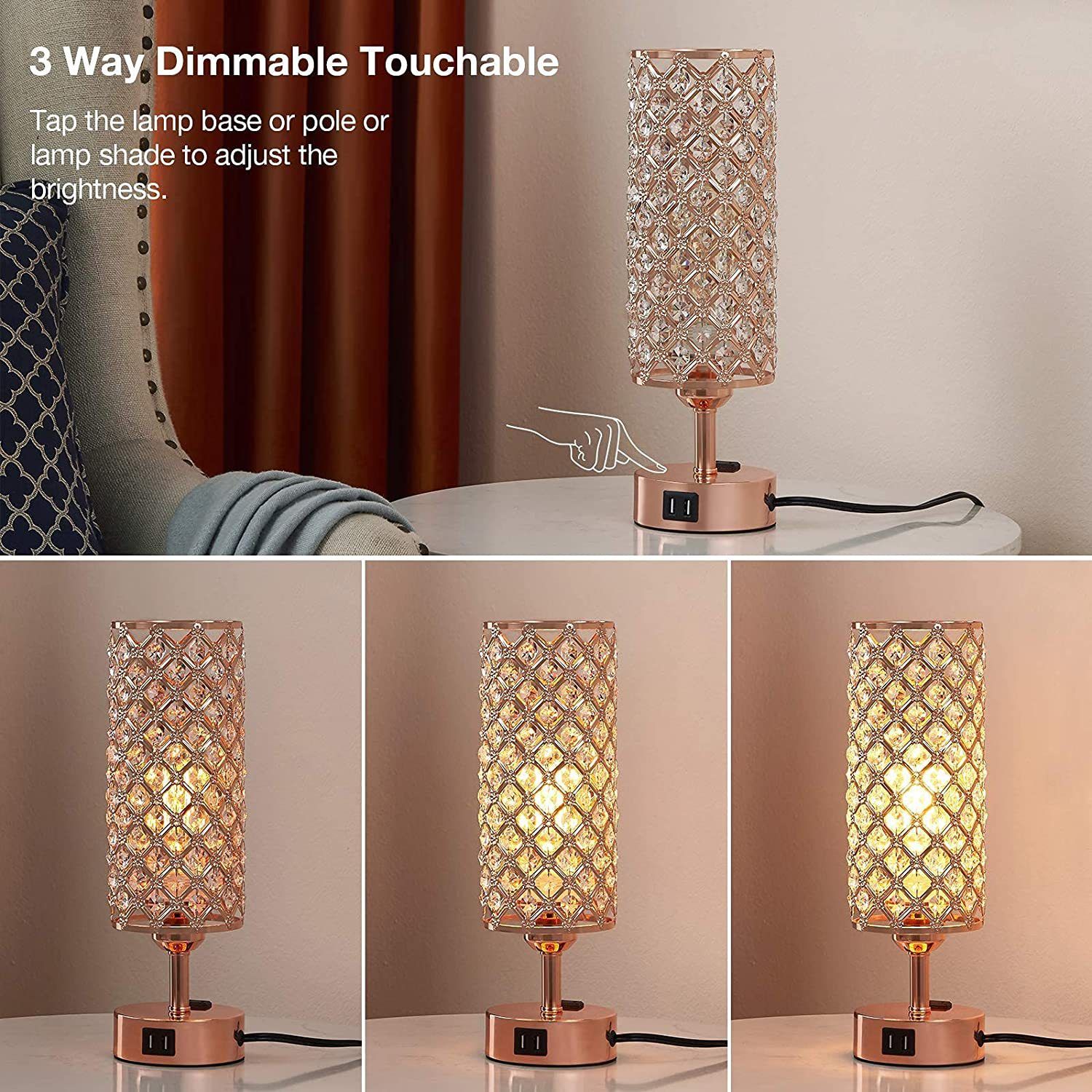 Cross border Modern simple double USB rechargeable crystal hood table lamp with AC round touch switch table lamp