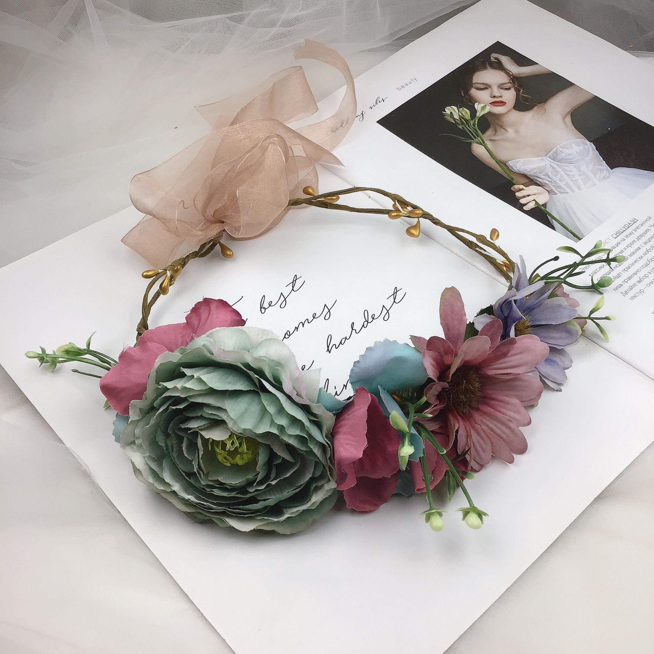 嘉兰花环欧美风情热卖款复古绿超柔质感的牡丹花花环游玩必备单品哟