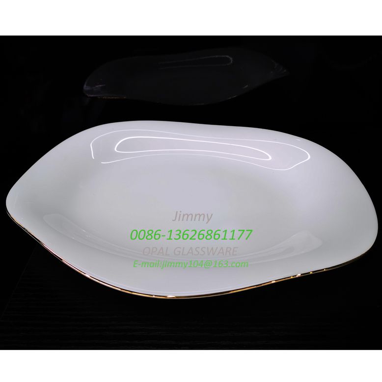 Glass fish plate 12-inch waist plate with gold plating 12 'oval plate -white opal golden rim