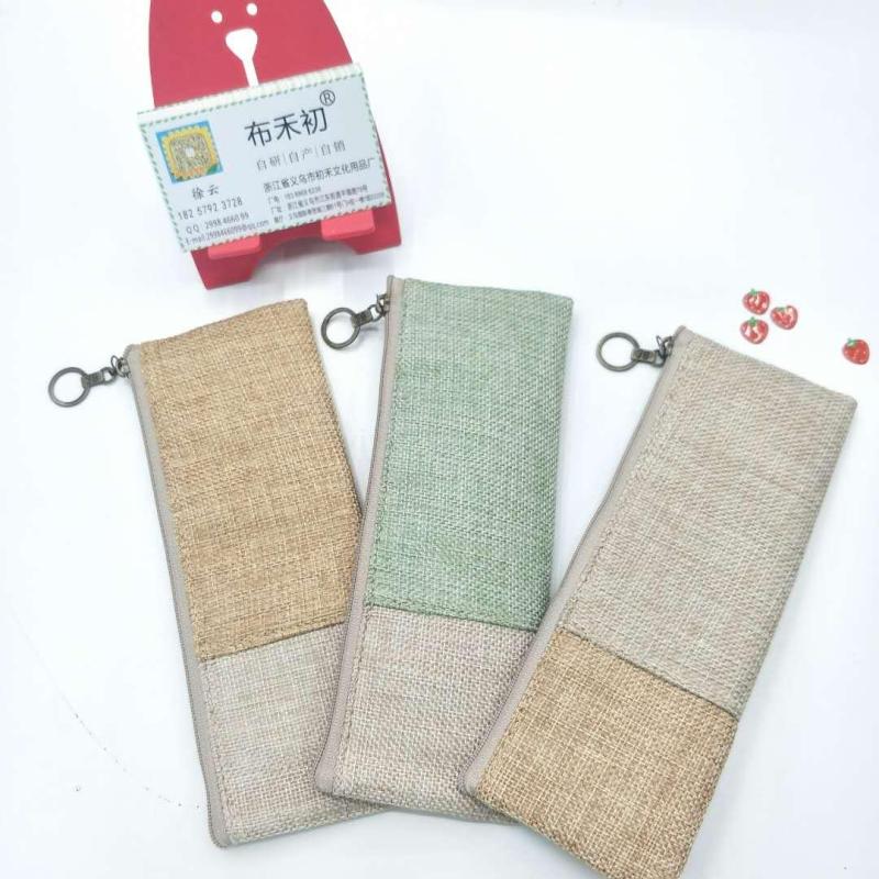布禾初 新款素色麻布拼色防水平角笔袋学生文具收纳袋Pencil bag