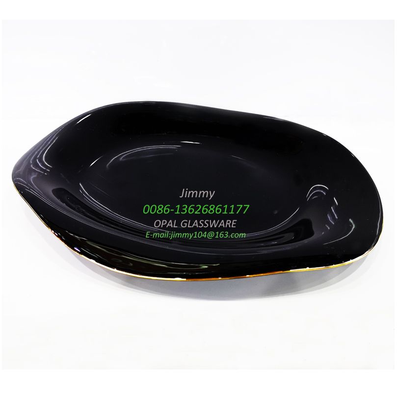 Yiwu Quality Glass Fish plate, black raw material, 14-inch waist plate with gold plating, 14 'oval plate-black opal plate