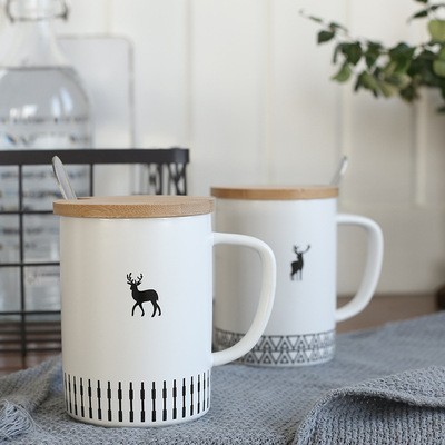 新款小鹿图案陶瓷马克杯 木盖带勺杯子可印logo定制咖啡水杯批发详情图2