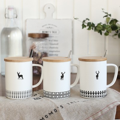 新款小鹿图案陶瓷马克杯 木盖带勺杯子可印logo定制咖啡水杯批发详情图3