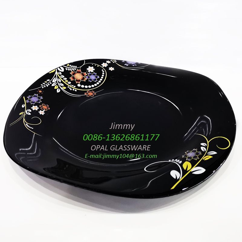 Yiwu Good Goods black Glass plate with decals 8.5-inch flat plate 8.5' flat plate-black flower plate
