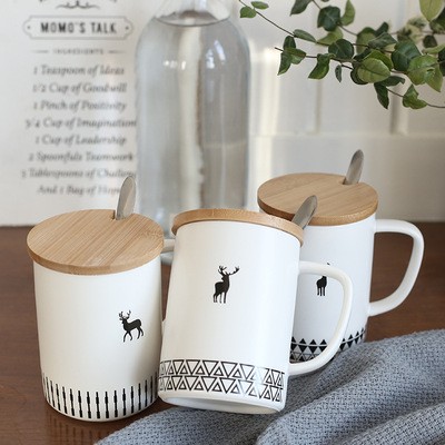 新款小鹿图案陶瓷马克杯 木盖带勺杯子可印logo定制咖啡水杯批发详情图1