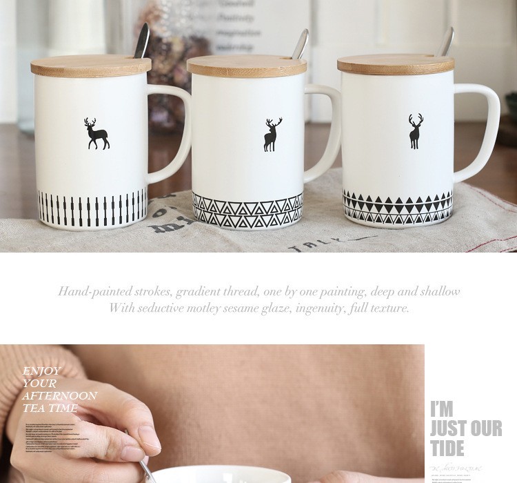 新款小鹿图案陶瓷马克杯 木盖带勺杯子可印logo定制咖啡水杯批发详情图5