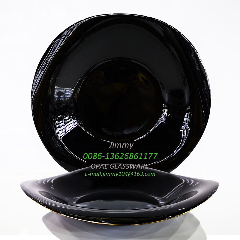 黑色玻璃盘金边大盘黑色原料餐盘摆盘12寸汤盘描金款 12' soup plate-black opal