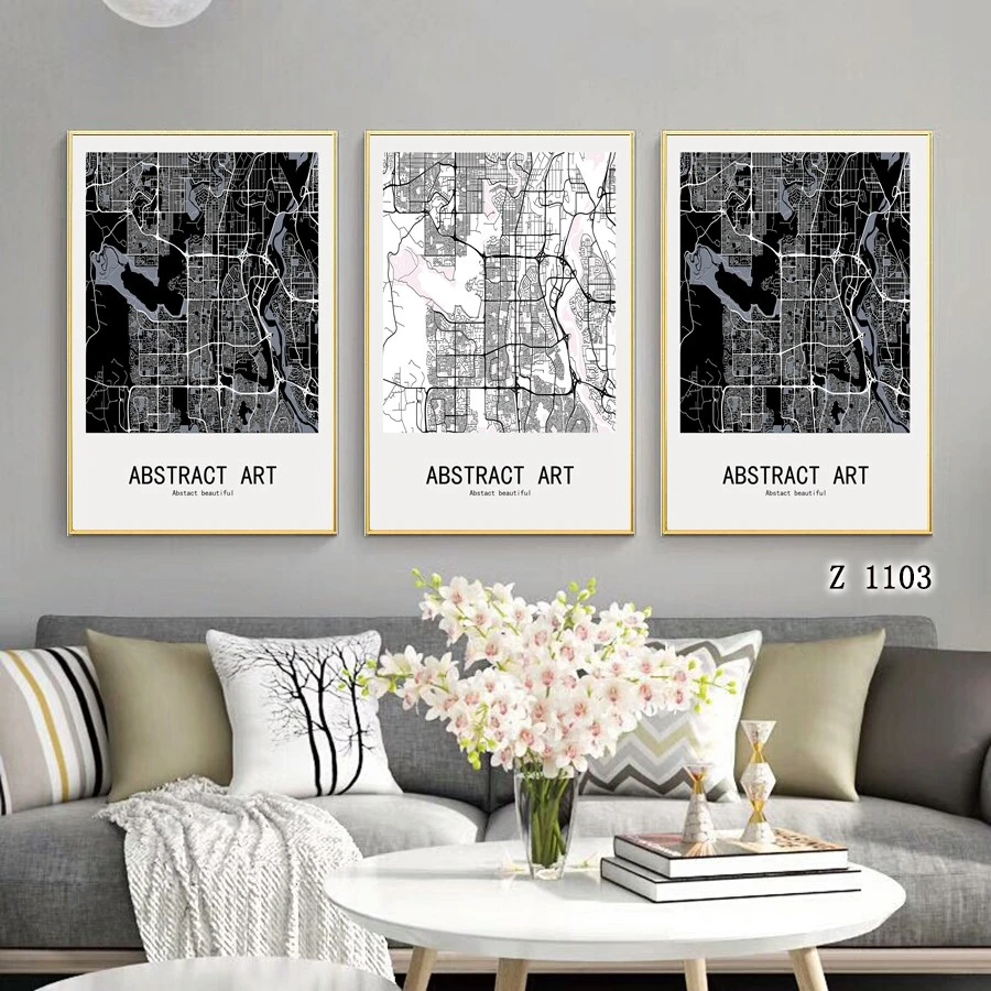 Black and white landscape photography, living room decorative paintings, modern and simple dining room architectural hanging paintings, hotel model room combination murals detail image 2