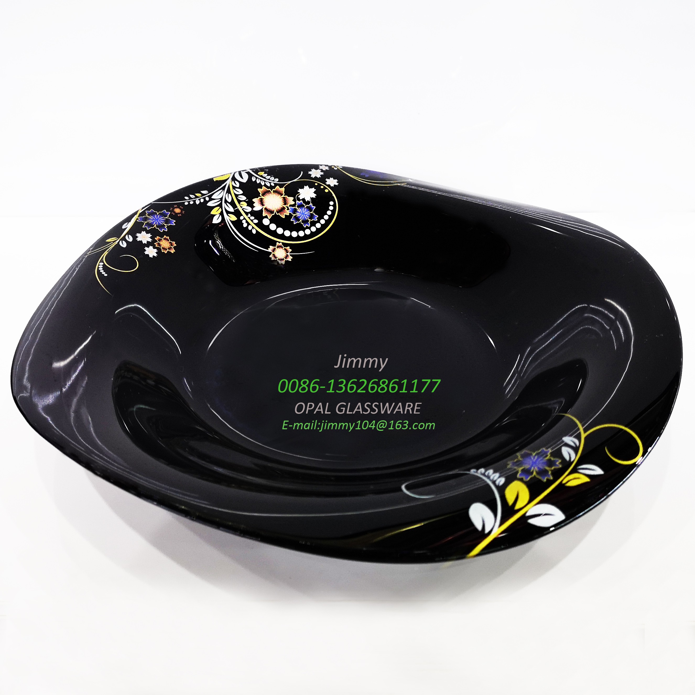 Yiwu Good Goods black Glass plate Eco-friendly Dinner plate 8.5-inch soup plate with Applique 8.5’soup Plate -black flower plate pic 1