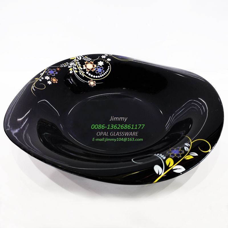 Yiwu Good Goods black Glass plate Eco-friendly Dinner plate 8.5-inch soup plate with Applique 8.5’soup Plate -black flower plate