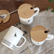 新款小鹿图案陶瓷马克杯 木盖带勺杯子可印logo定制咖啡水杯批发