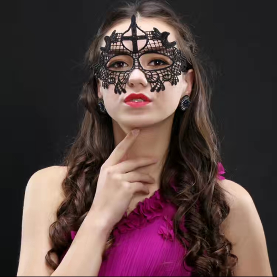 黑色蕾丝面具女定型镂空舞会派对性感成人半脸万圣节公主面具 MJ-011 十字架图