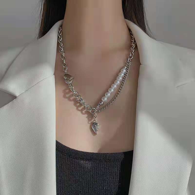 New Korean-style pearl patchwork heart-shaped necklace detail image 5