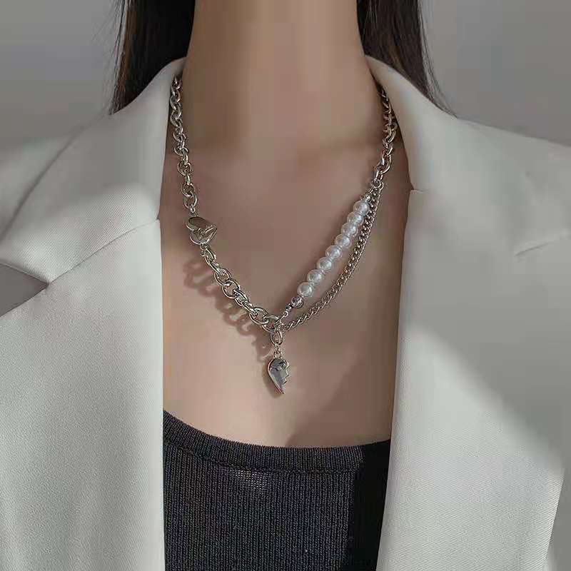 New Korean-style pearl patchwork heart-shaped necklace details Picture