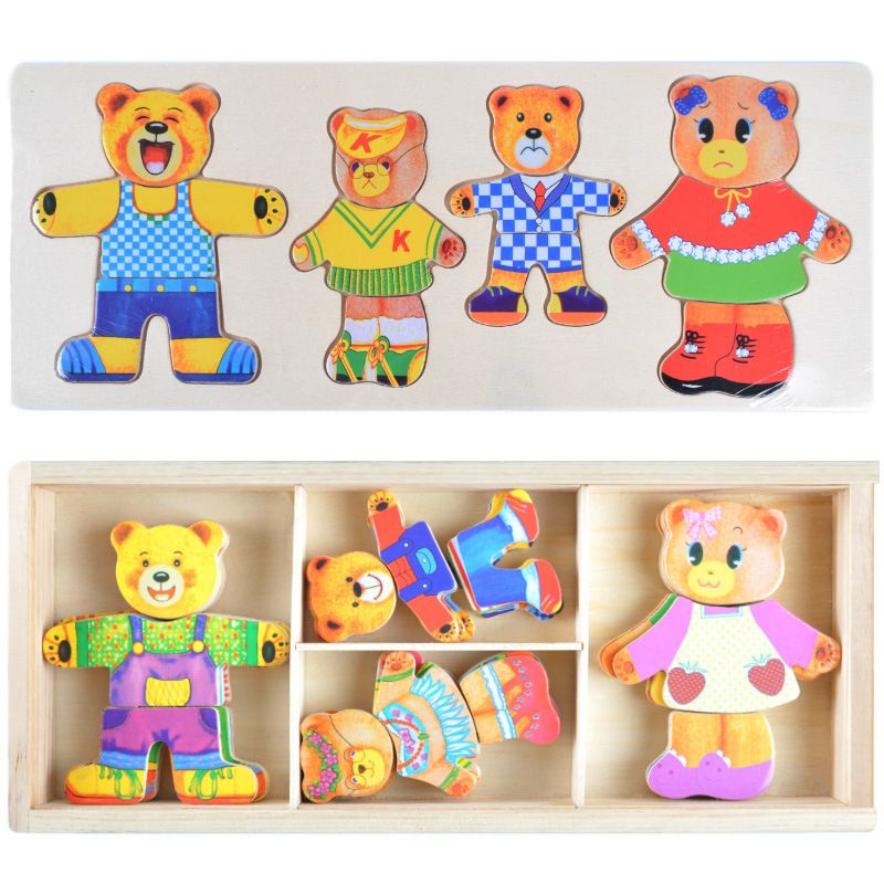Four Little Bears Changing Clothes Game Wooden Children's early Education hand-grabbed dressing matching puzzle Board toy wholesale 0.41