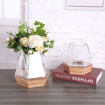 New flower arrangement glass vase with wood base living room decoration vase Creative living room dining room TV cabinet hydroponic wholesale