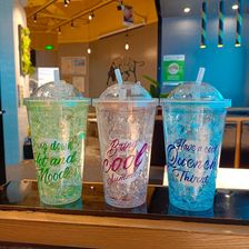 义乌好货 日用百货塑料制品 塑料吸管冰杯68708 滑盖英文透明闪亮冰杯 太空杯 吸水杯 