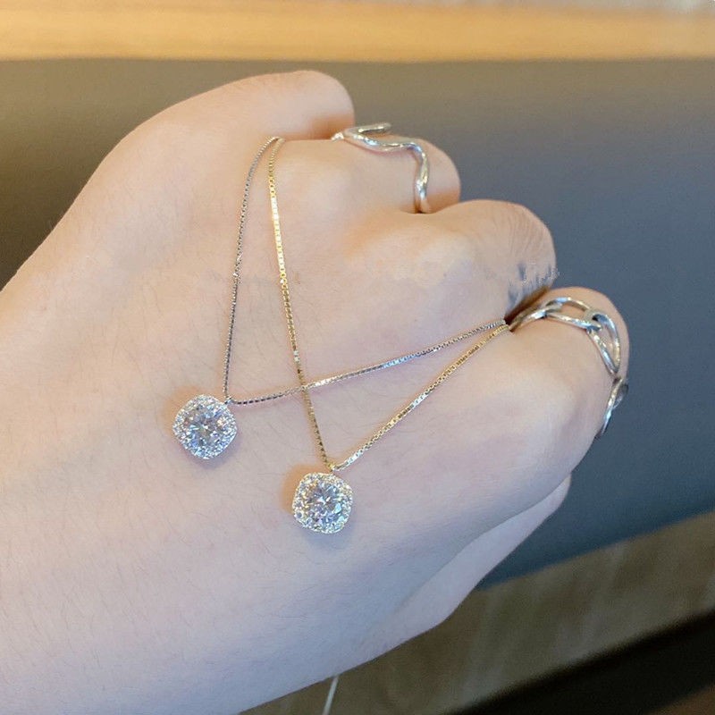A small square diamond-encrusted necklace with a unique and simple design for women detail image 3