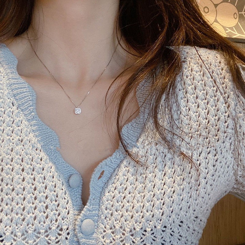 A small square diamond-encrusted necklace with a unique and simple design for women detail image 2