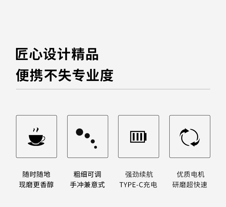 简约大气，续航持久，携带方便，一键启动可自动调节卡豆，可调节研磨粗细，食品级玻璃材质，全自动电动磨豆机详情图2