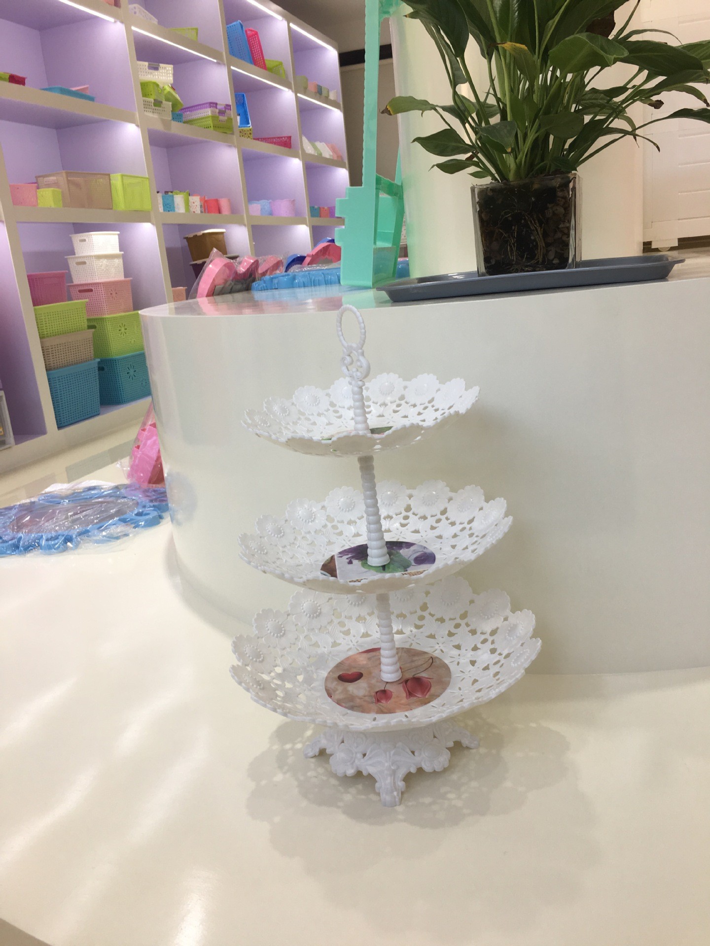 塑料多层水果蛋糕点心盘色釉下午茶蕾丝串盘欧式果盘厂家直销详情图5