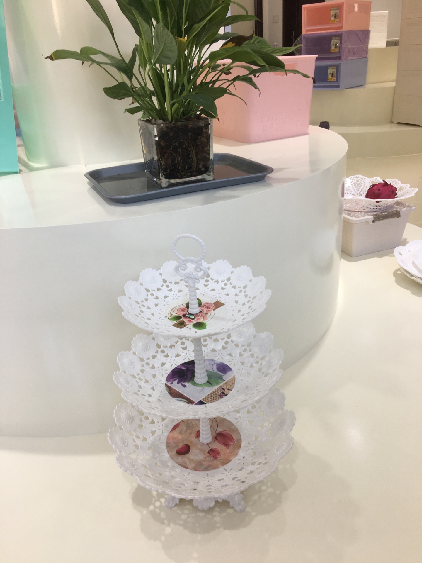 塑料多层水果蛋糕点心盘色釉下午茶蕾丝串盘欧式果盘厂家直销详情图4