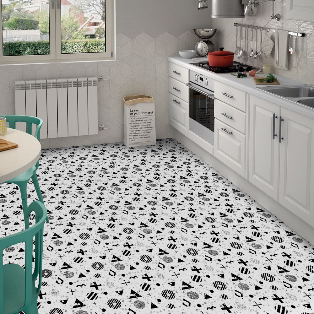 Mengruiya home commercial terrazzo floor renovation DZ33 with simple European black and white creative floor tiles and PVC protective film detail image 4
