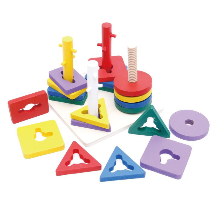 Wooden toys, educational, colorful four-column geometric building block sets, highly entertaining, logical thinking ability cultivation, parent-child games, hand-eye coordination exercise, early education enlightenment toys accompany your growth details Picture