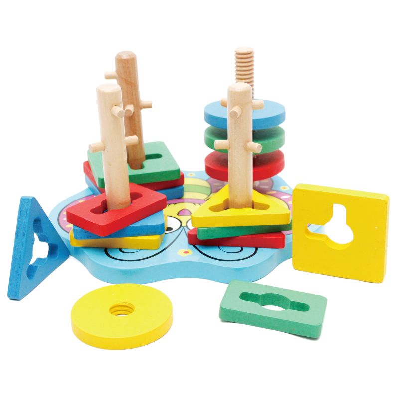 The wooden educational butterfly-shaped geometric column is highly entertaining and colorful. It helps cultivate logical thinking ability. It is a parent-child game that exercises hand-eye coordination. It is an early education and enlightenment toy that accompanies your growth Item Picture