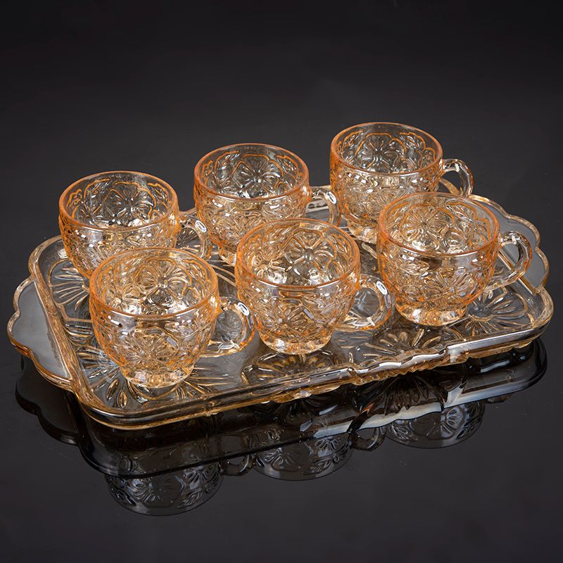 Tea cup set of 6 cups plus a tray of amber electroplated BMPE-HL05-6THP details Picture