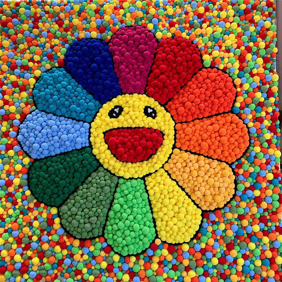 Takashi Murakami's diy sunflower pom-pom drawing, high-elasticity polyester plush balls, handcrafted colorful balls, ball lace decoration accessories, clothing accessories, Xingsheng Ball Making, 41 pom-pom drawing