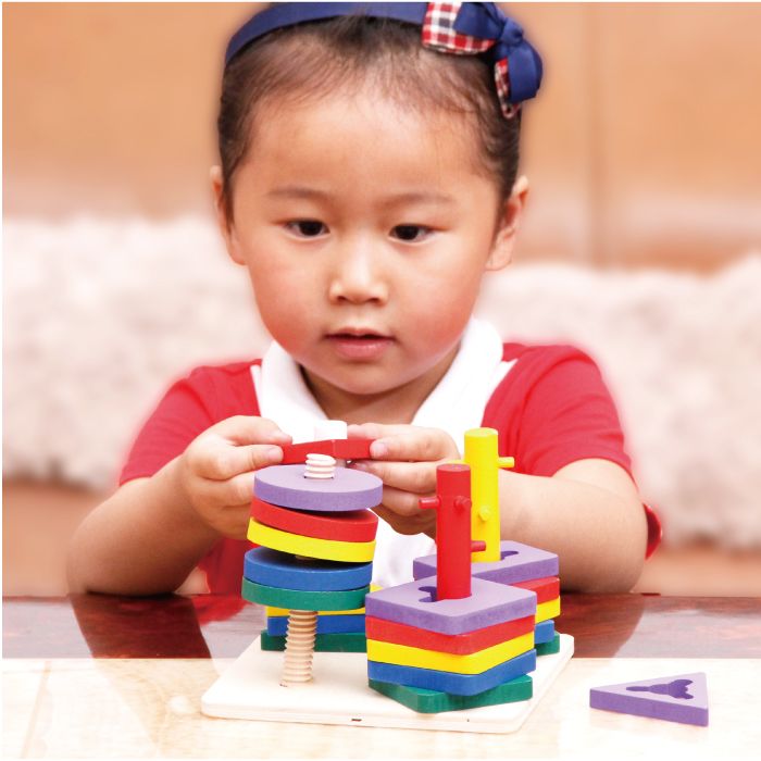 Wooden toys, educational, colorful four-column geometric building block sets, highly entertaining, logical thinking ability cultivation, parent-child games, hand-eye coordination exercise, early education enlightenment toys accompany your growth