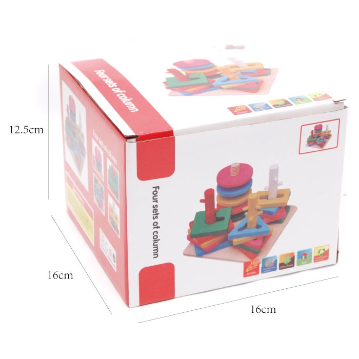 Wooden toys, educational, colorful four-column geometric building block sets, highly entertaining, logical thinking ability cultivation, parent-child games, hand-eye coordination exercise, early education enlightenment toys accompany your growth Item Picture