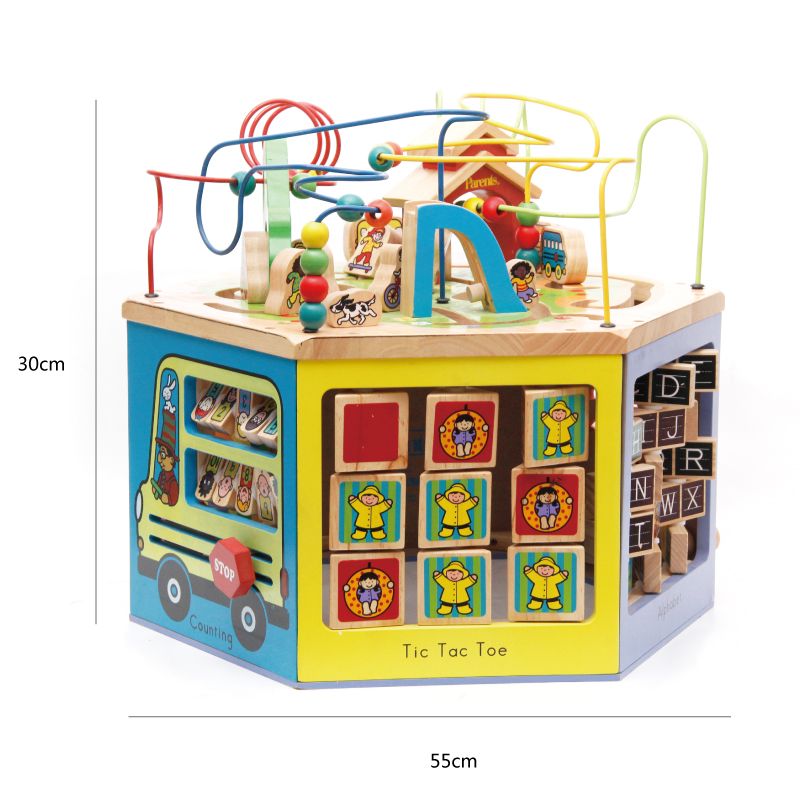 This wooden toy is a multi-functional six-sided bead game with strong fun and rich colors. It helps cultivate logical thinking ability and is a parent-child game that exercises hand-eye coordination. It is an early education and enlightenment toy Item Picture