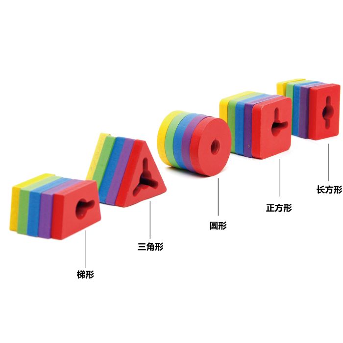 The wooden colorful five-column geometric building block set column is highly entertaining and rich in color. It can cultivate logical thinking ability, and is a parent-child game that exercises hand-eye coordination. It is an early education and enlightenment toy that accompanies your growth Specification image