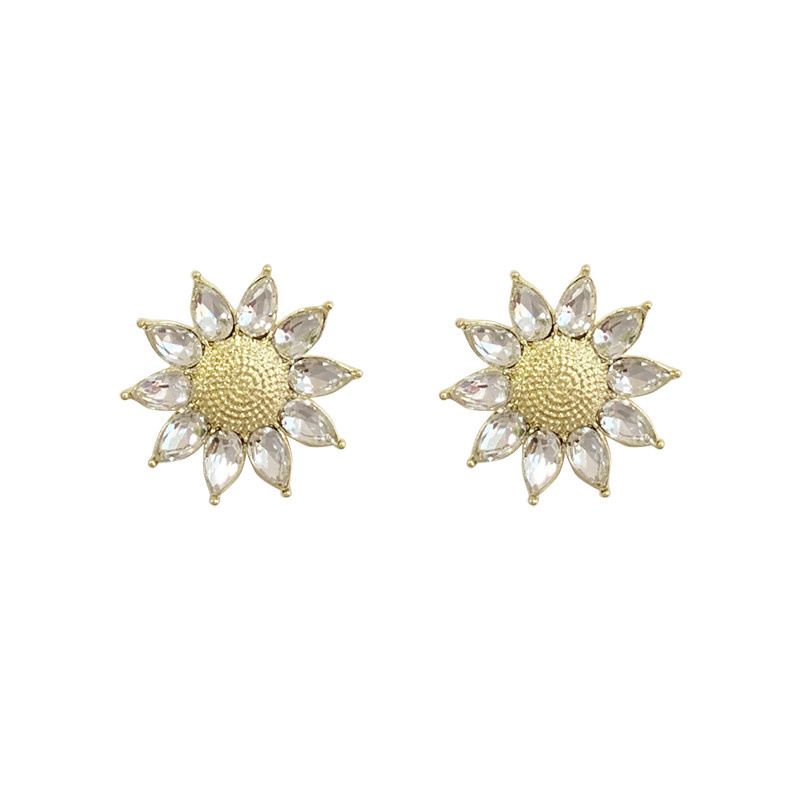 European and American style sunflower-inlaid glass zircon alloy ladies' cool stud earrings