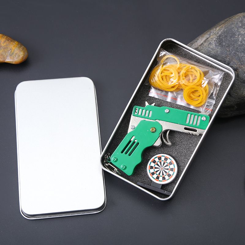 云玲玩具铁盒装折叠皮筋枪锌合金玩具