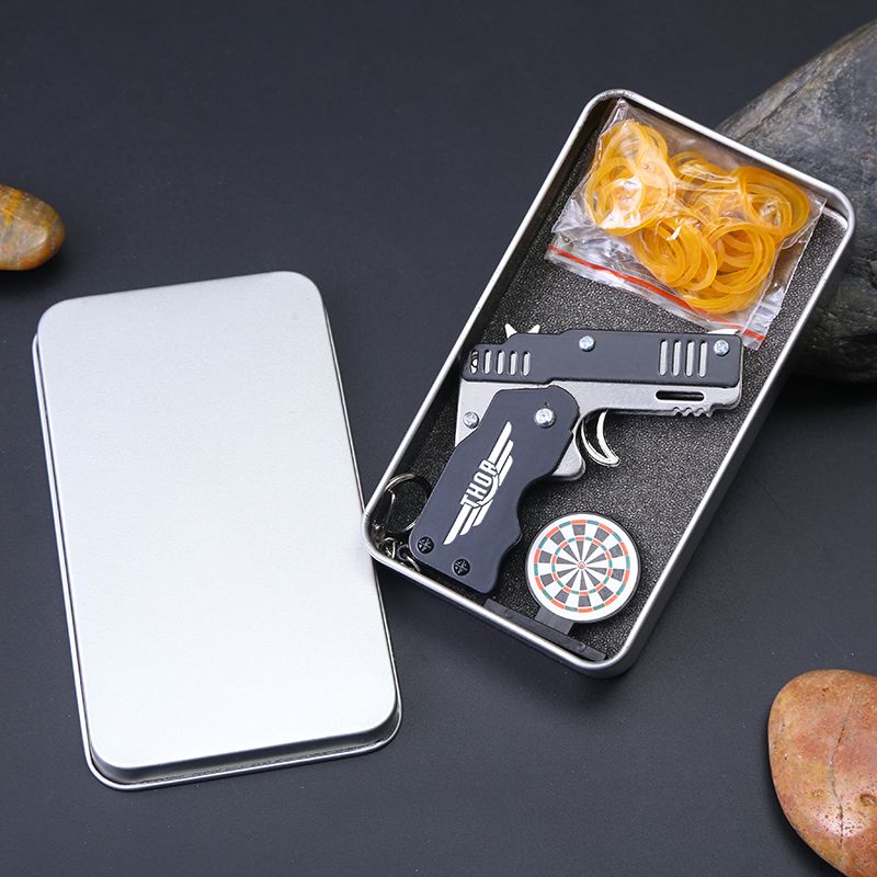 云玲铁盒装折叠皮筋枪7厘米