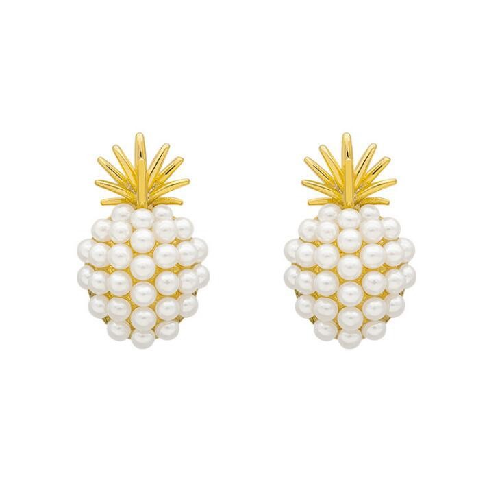 Two types of women's stud earrings in the shape of a fashionable European and American alloy pineapple, inlaid with pearls and rhinestones detail image 1