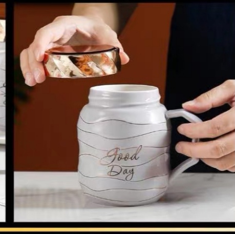 Buck Star Ceramic Cups, creative and personalized coffee cups, high-end tea cup gifts, gold-rimmed threaded water cups, mirror cups detail image 1