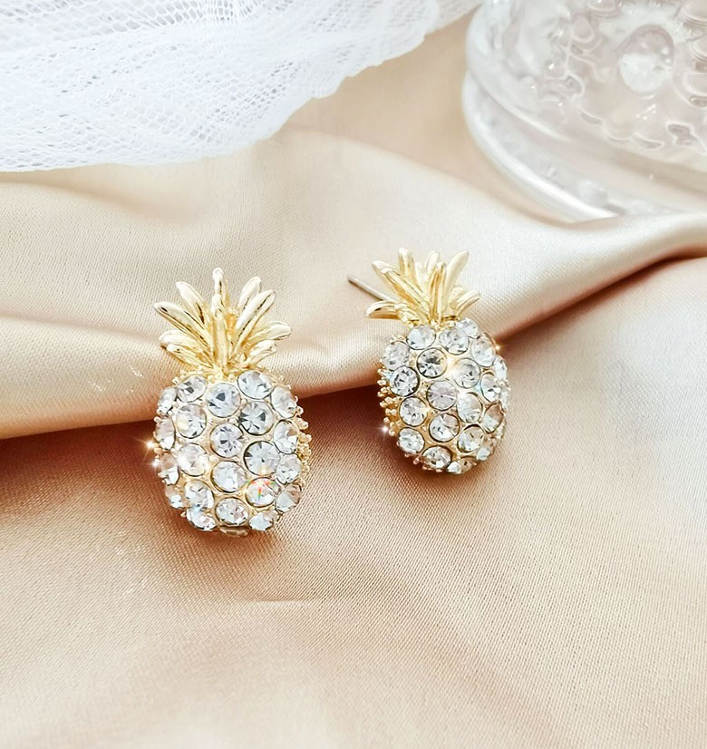 Two types of women's stud earrings in the shape of a fashionable European and American alloy pineapple, inlaid with pearls and rhinestones detail image 4