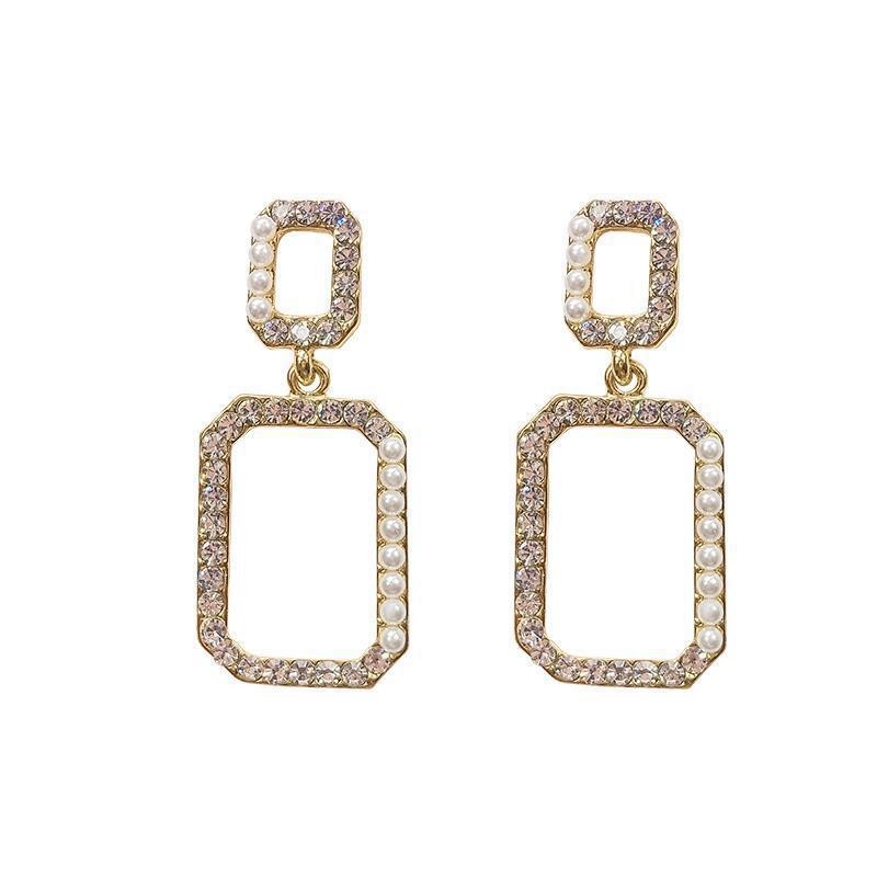 European and American alloy square double-piece women's light luxury inlaid rhinestone pearl stud earrings detail image 1