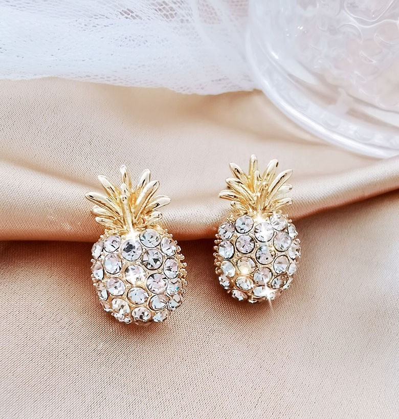 Two types of women's stud earrings in the shape of a fashionable European and American alloy pineapple, inlaid with pearls and rhinestones detail image 3
