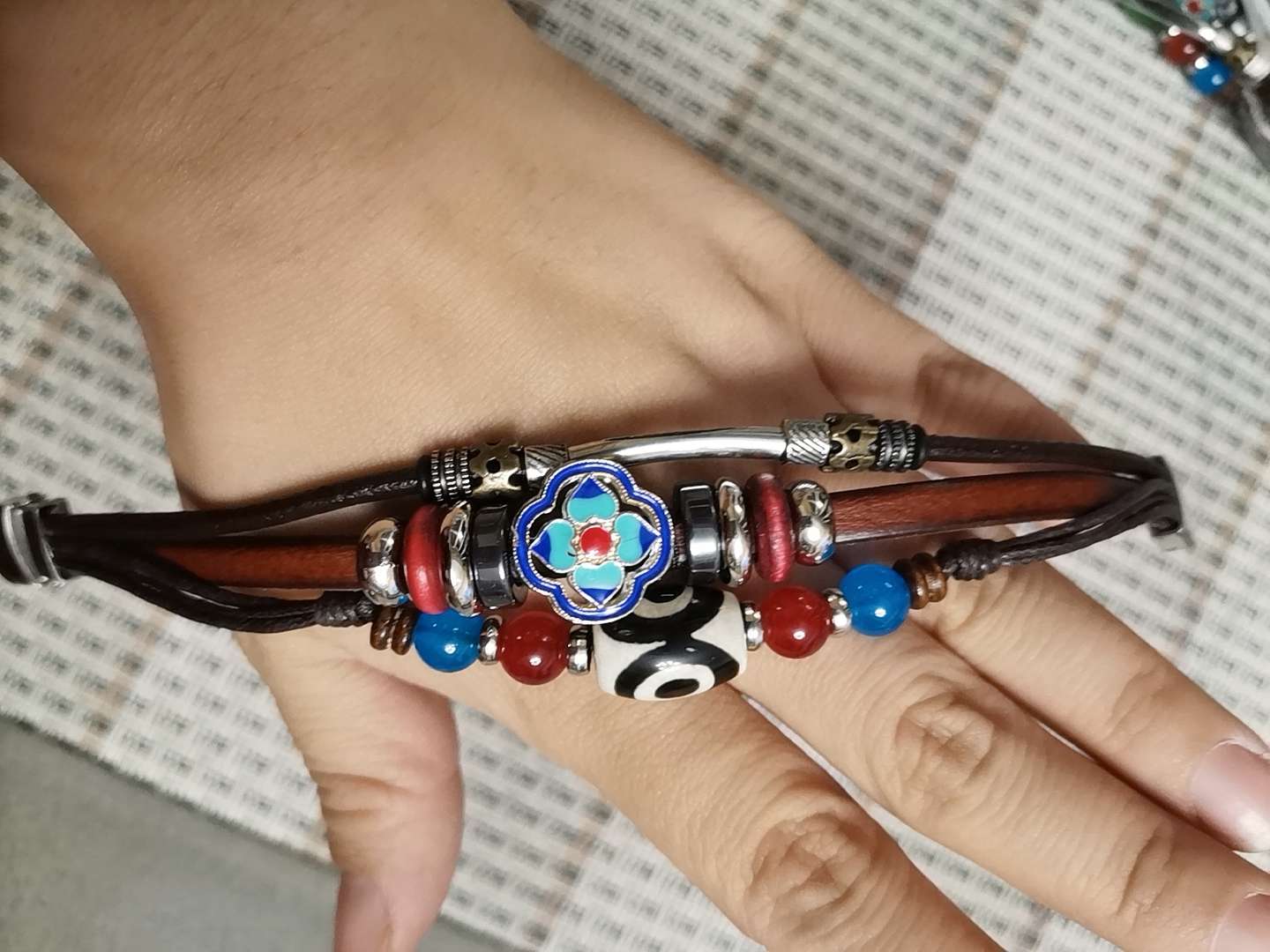 蒙藏蒙古族时尚纯皮手链蓝色系新款纯手工制作天珠饰品民族风情首饰.57-52详情2