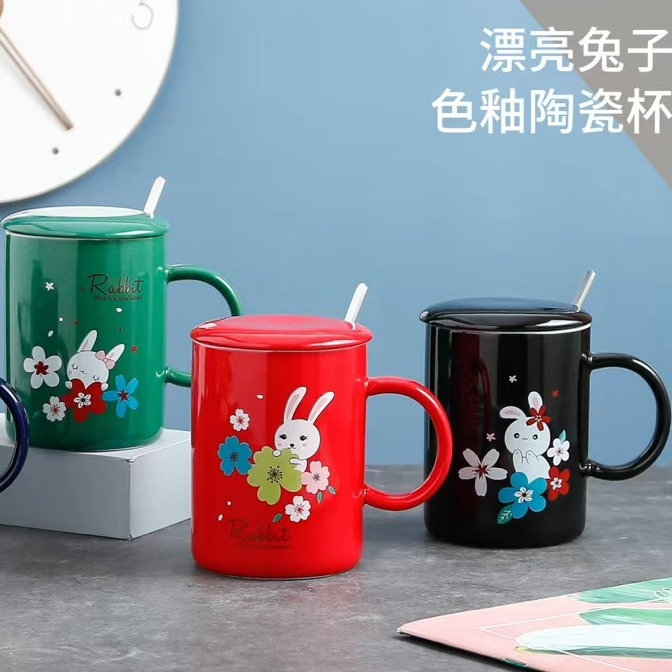 Buck Star Ceramic Cups, couple cups, creative and personalized cups, coffee cups, high-end tea cups, ceramic cups with spoon and rabbit pattern