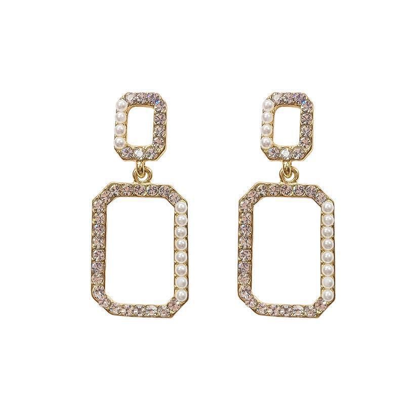 European and American alloy square double-piece women's light luxury inlaid rhinestone pearl stud earrings