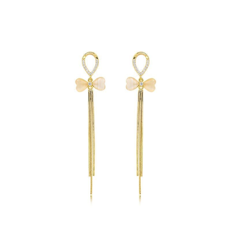 Korean-style light luxury copper tassel bow design ladies' aloof stud earrings detail image 1
